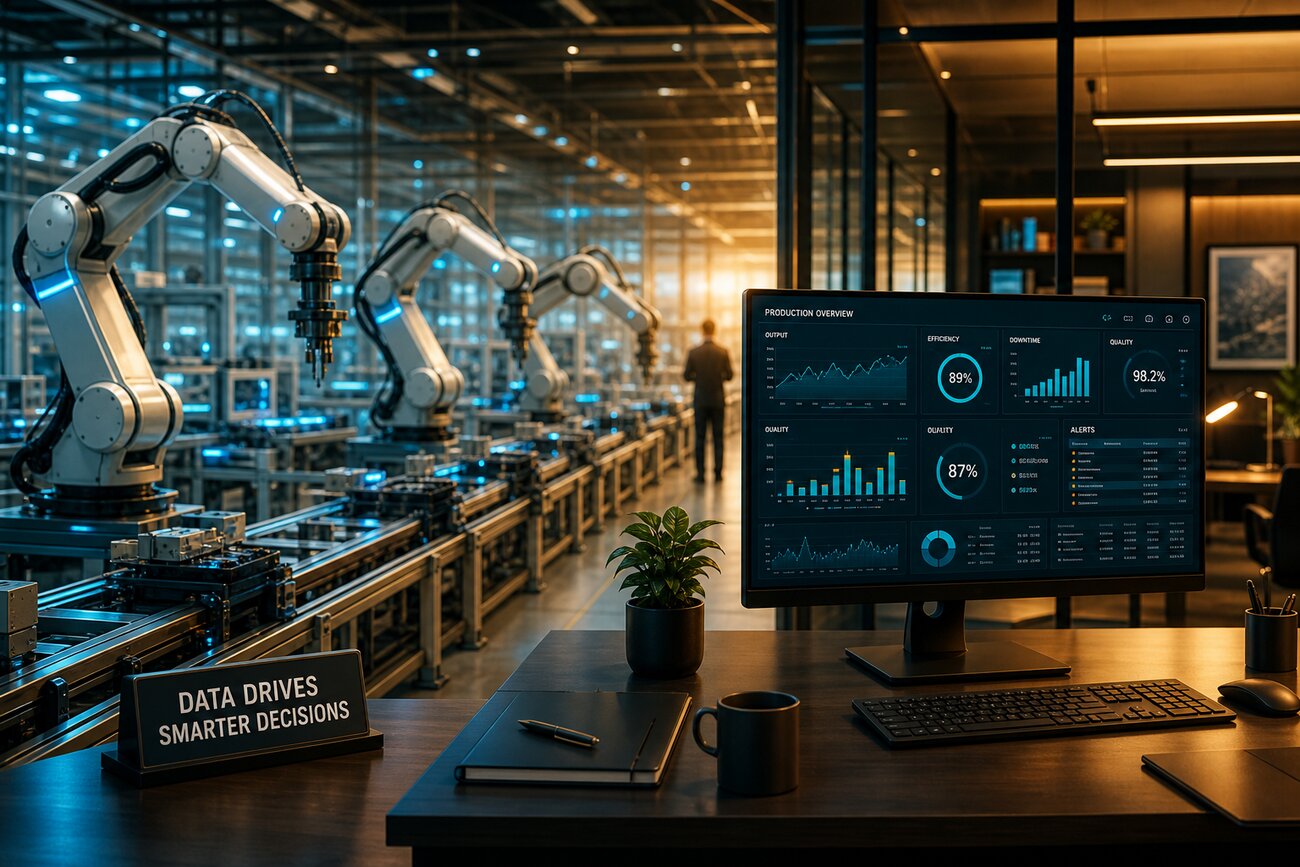 Dashboard showing AI automation workflows, cost savings, and rising profit margins across business operations