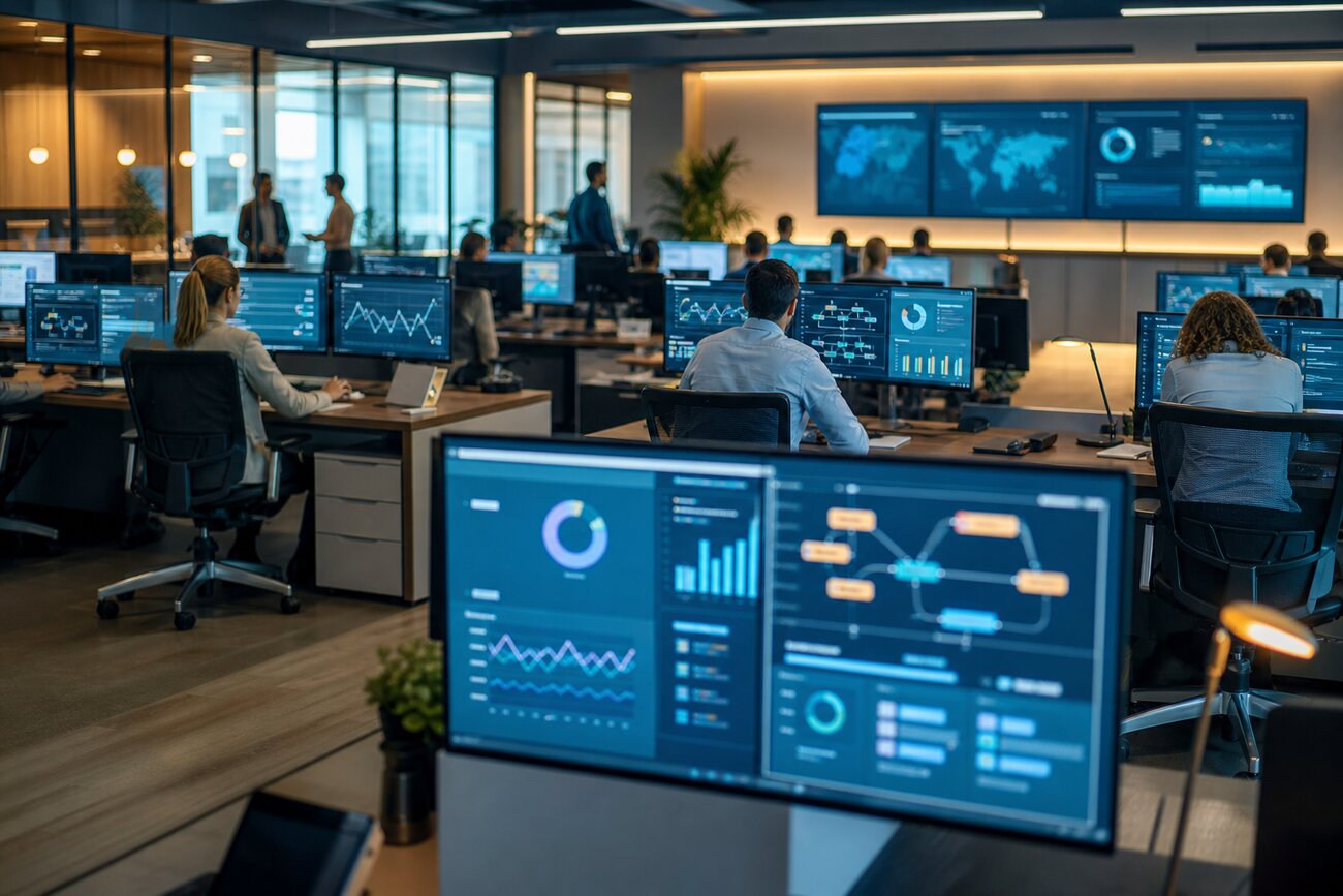 Modern operations team monitoring ERP dashboards in a bright control room