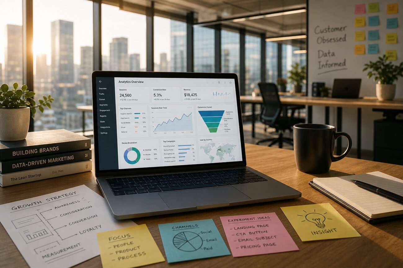 Marketing manager reviewing inbound lead generation content performance on a laptop dashboard