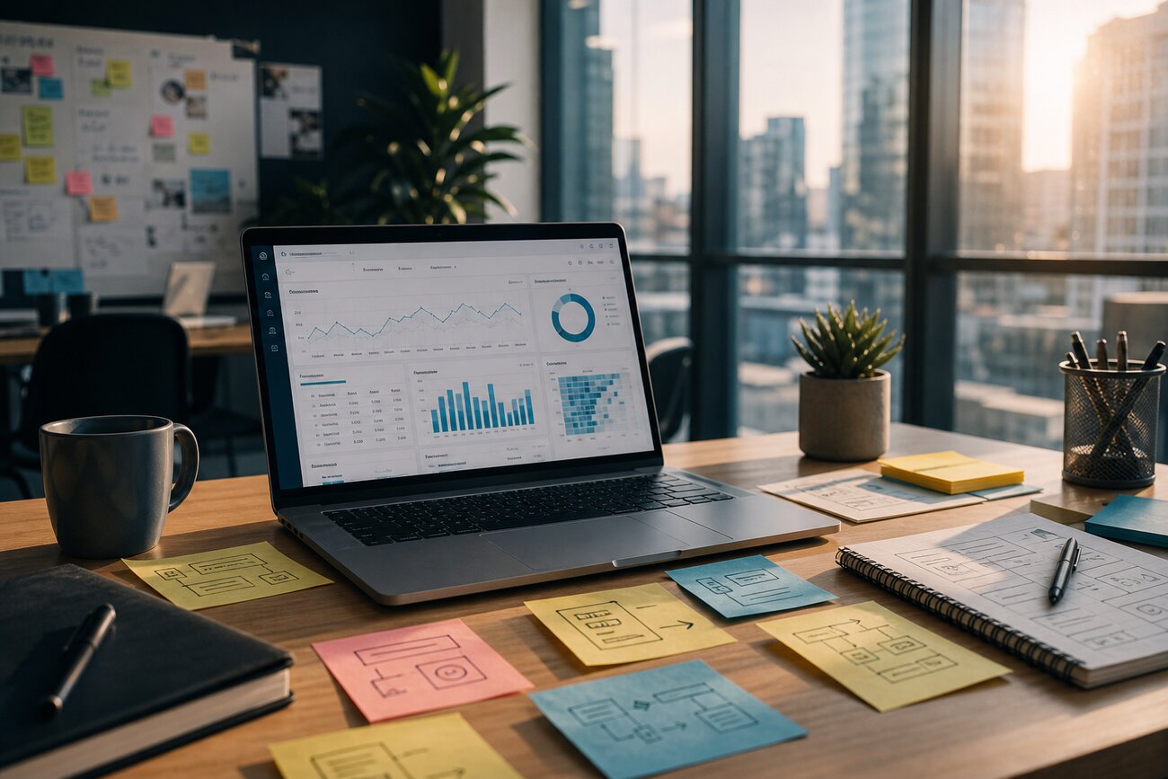 Professionnel analysant un site web avec des indicateurs de conversion et de génération de leads