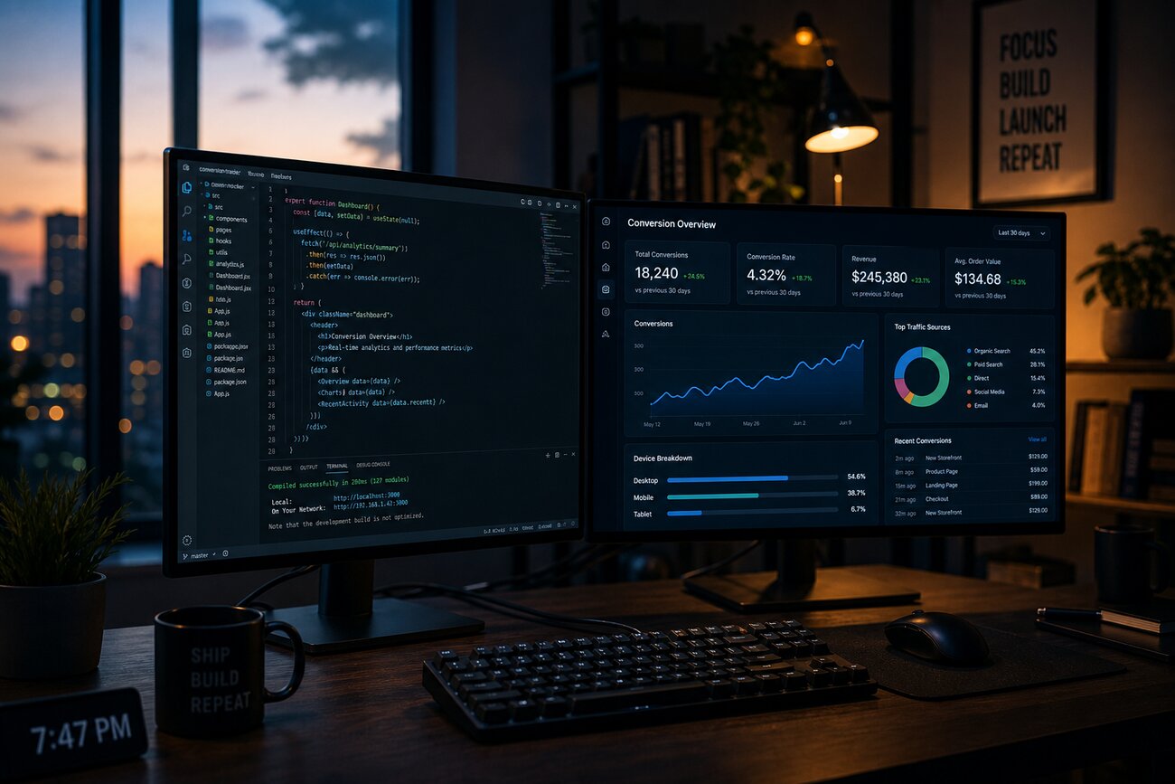 Developer reviewing custom website code and analytics dashboard to improve landing page conversions