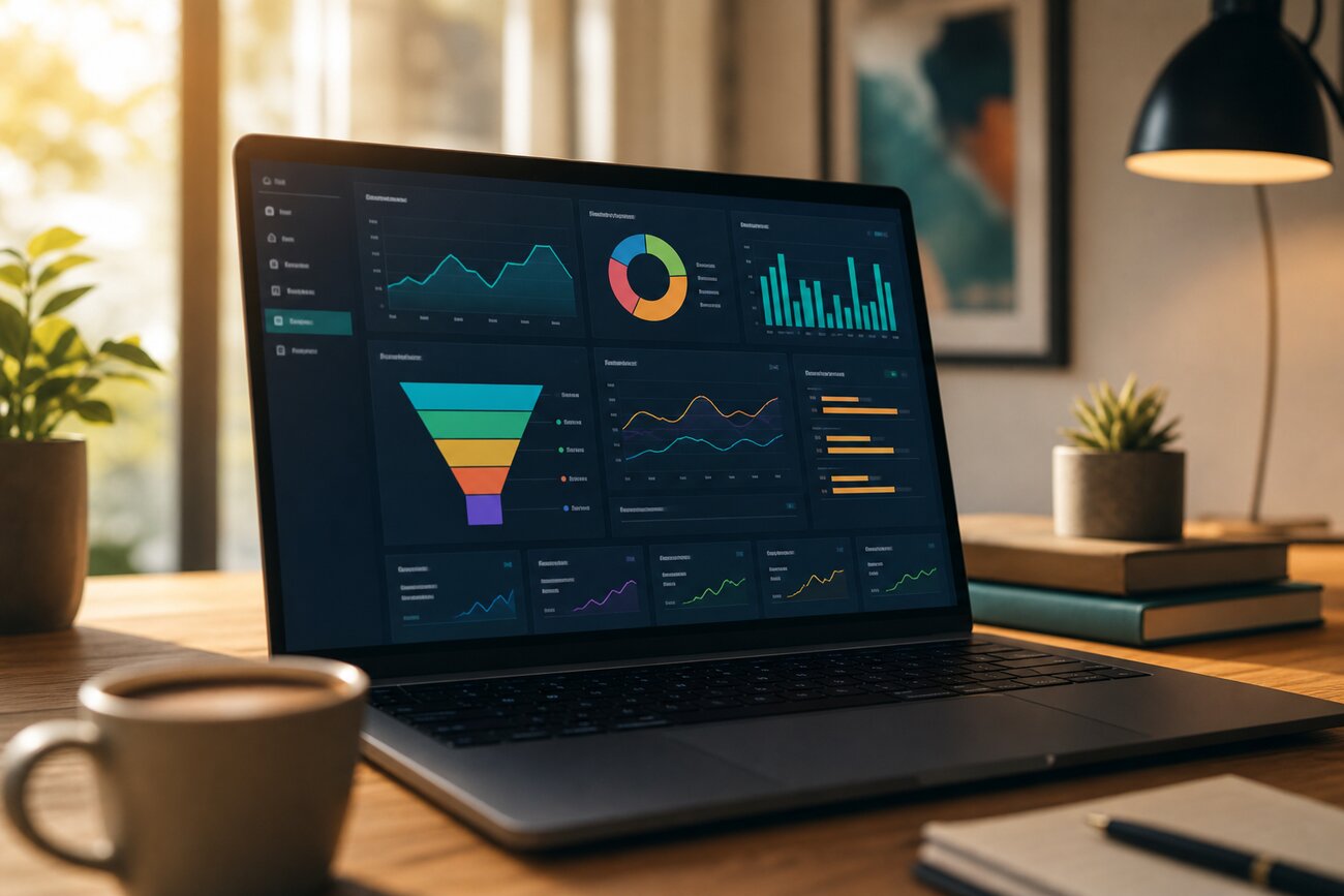 Growth marketer reviewing e-commerce funnel analytics and landing page conversion metrics