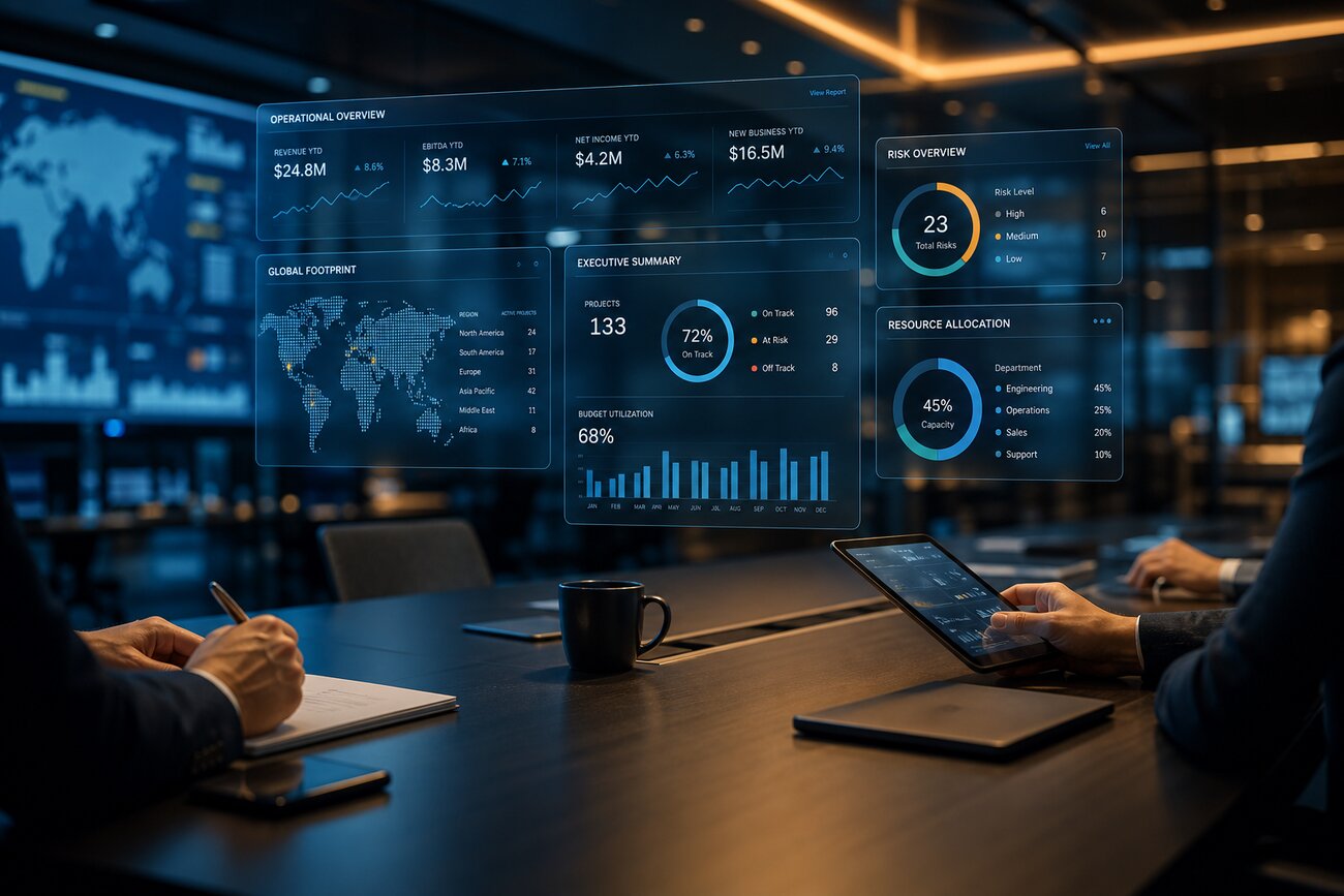 Équipe de direction analysant des tableaux de bord d'automatisation dans un bureau moderne