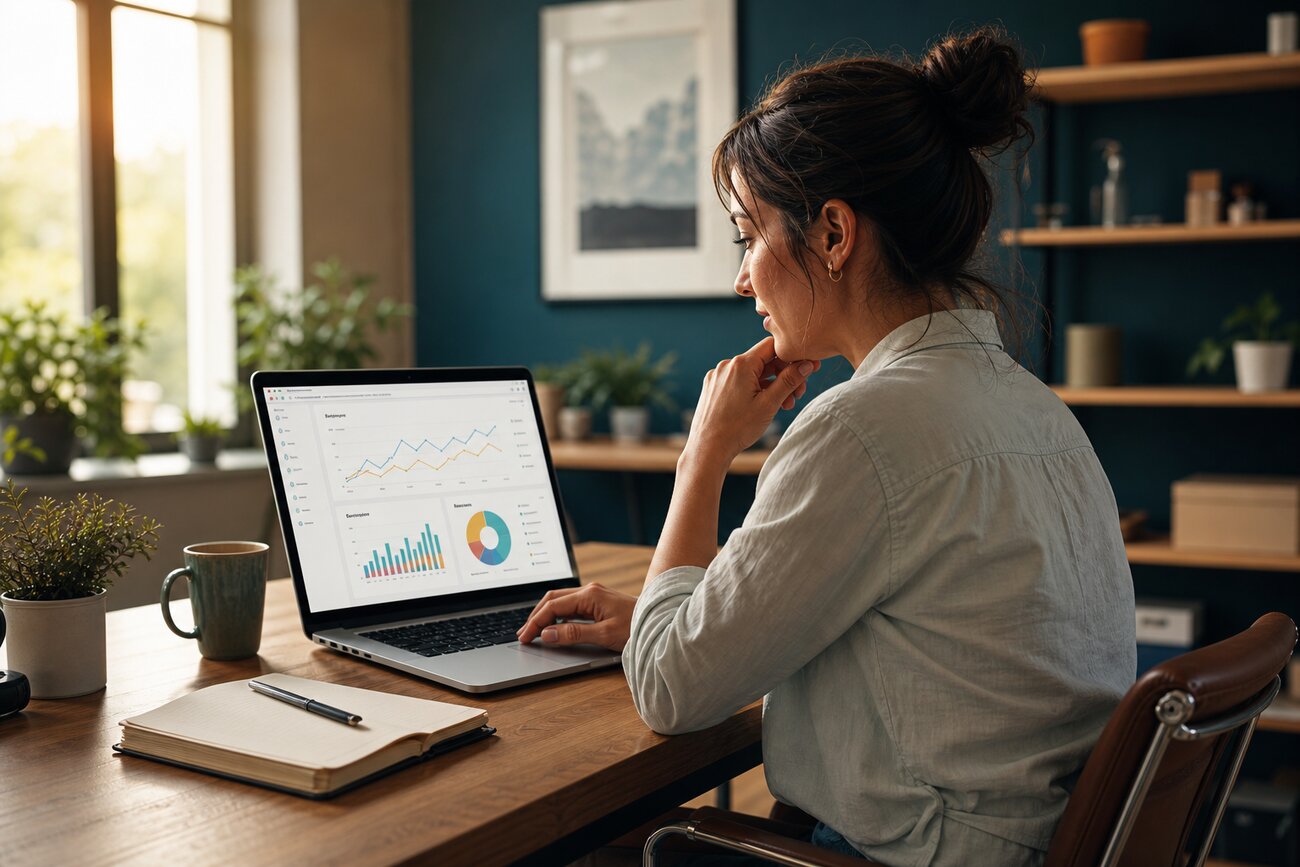 Small business owner reviewing website conversion metrics and page speed on a laptop