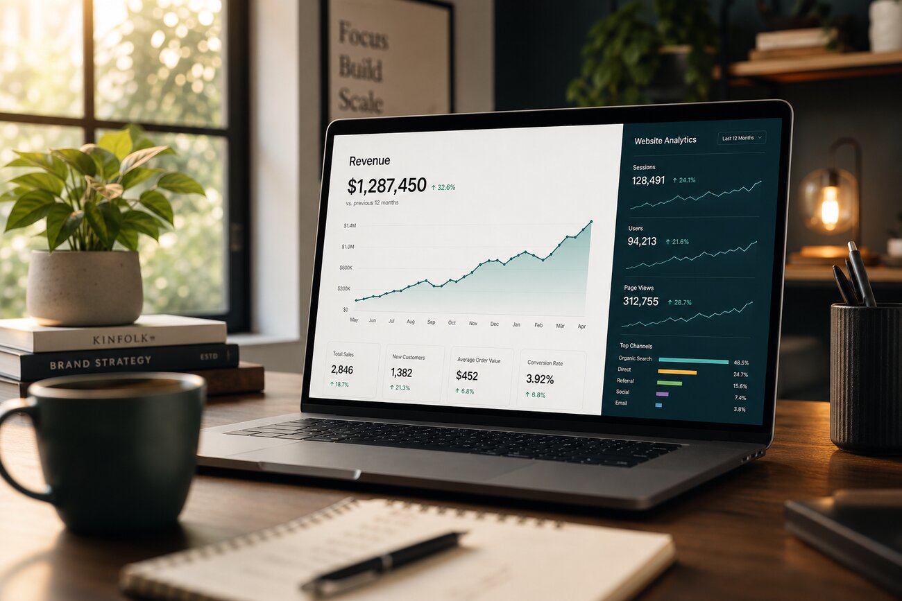 Tableau de bord SEO et tunnel de conversion affichés sur un écran d'ordinateur