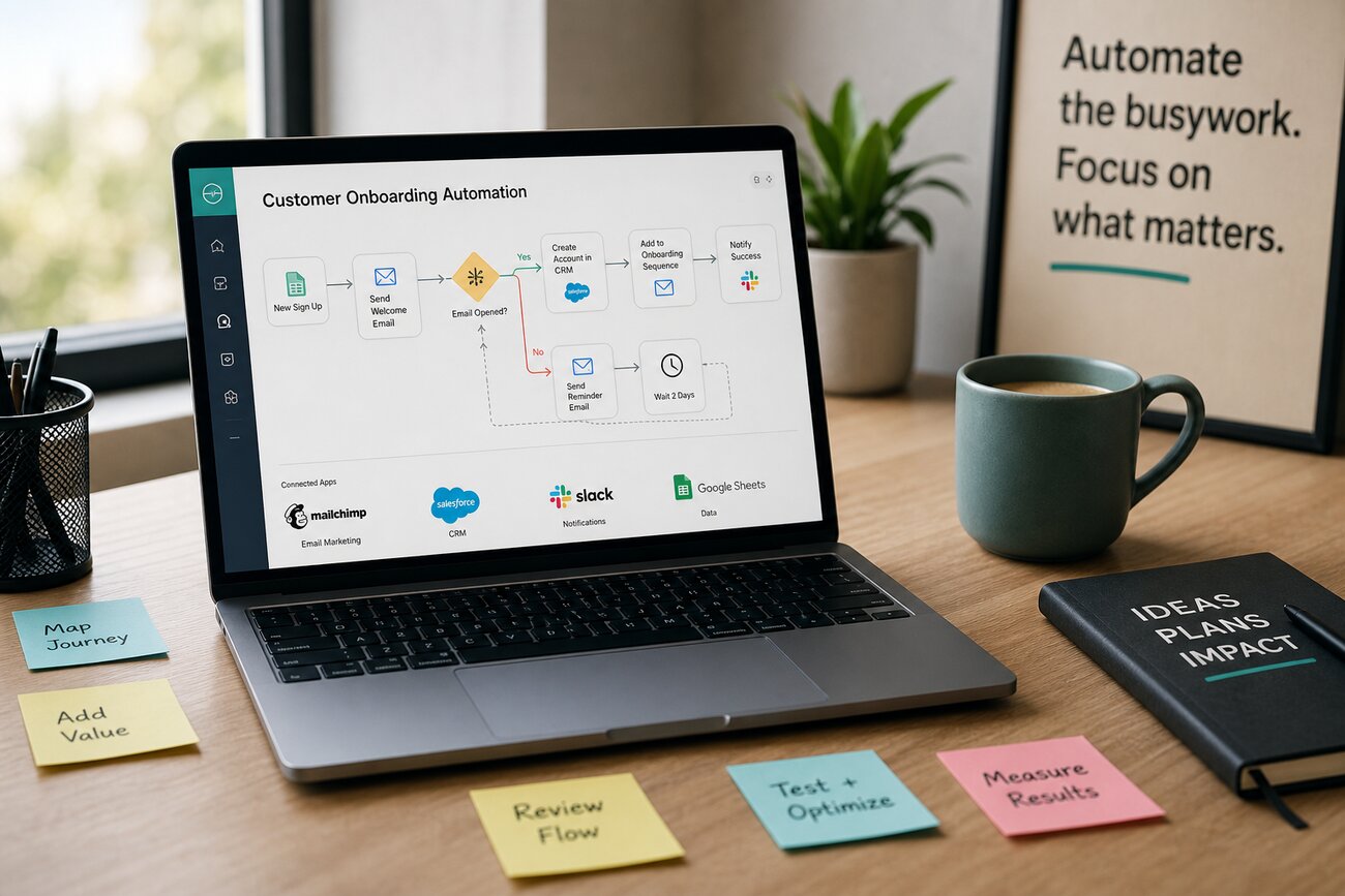 Entrepreneur utilisant un ordinateur portable avec des outils d'automatisation de site web affichés à l'écran