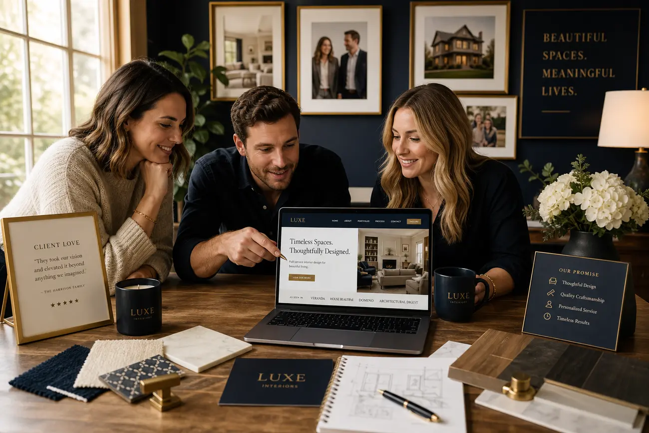 Hero photo of a marketer reviewing customer testimonials, ratings, and trust badges on a conversion-focused website