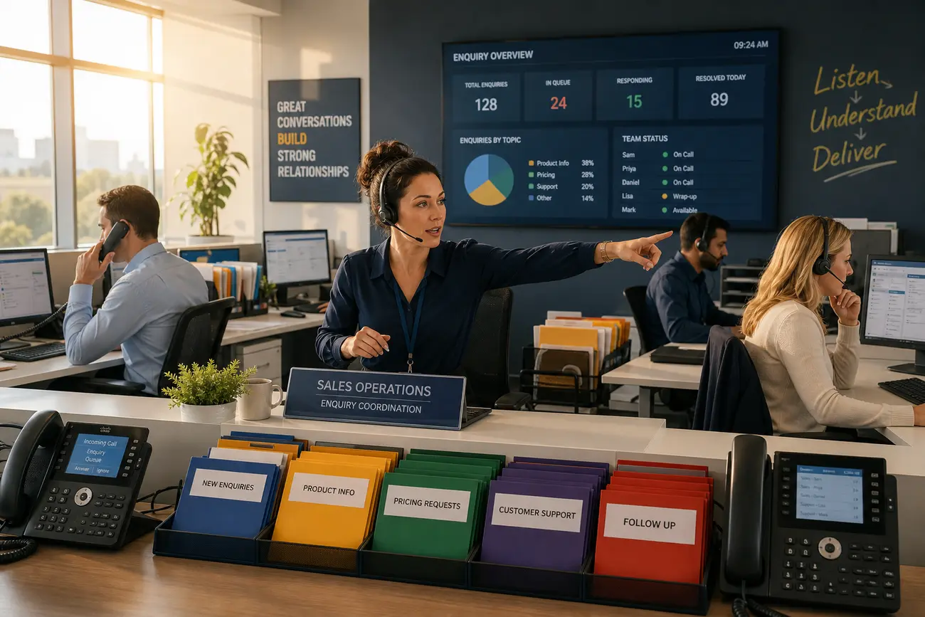 Sales manager reviewing lead routing rules on a CRM dashboard with incoming enquiries