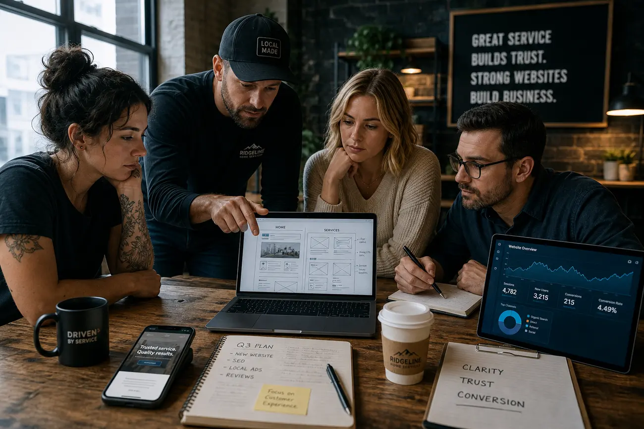 Business owner reviewing website lead enquiries and analytics on a laptop