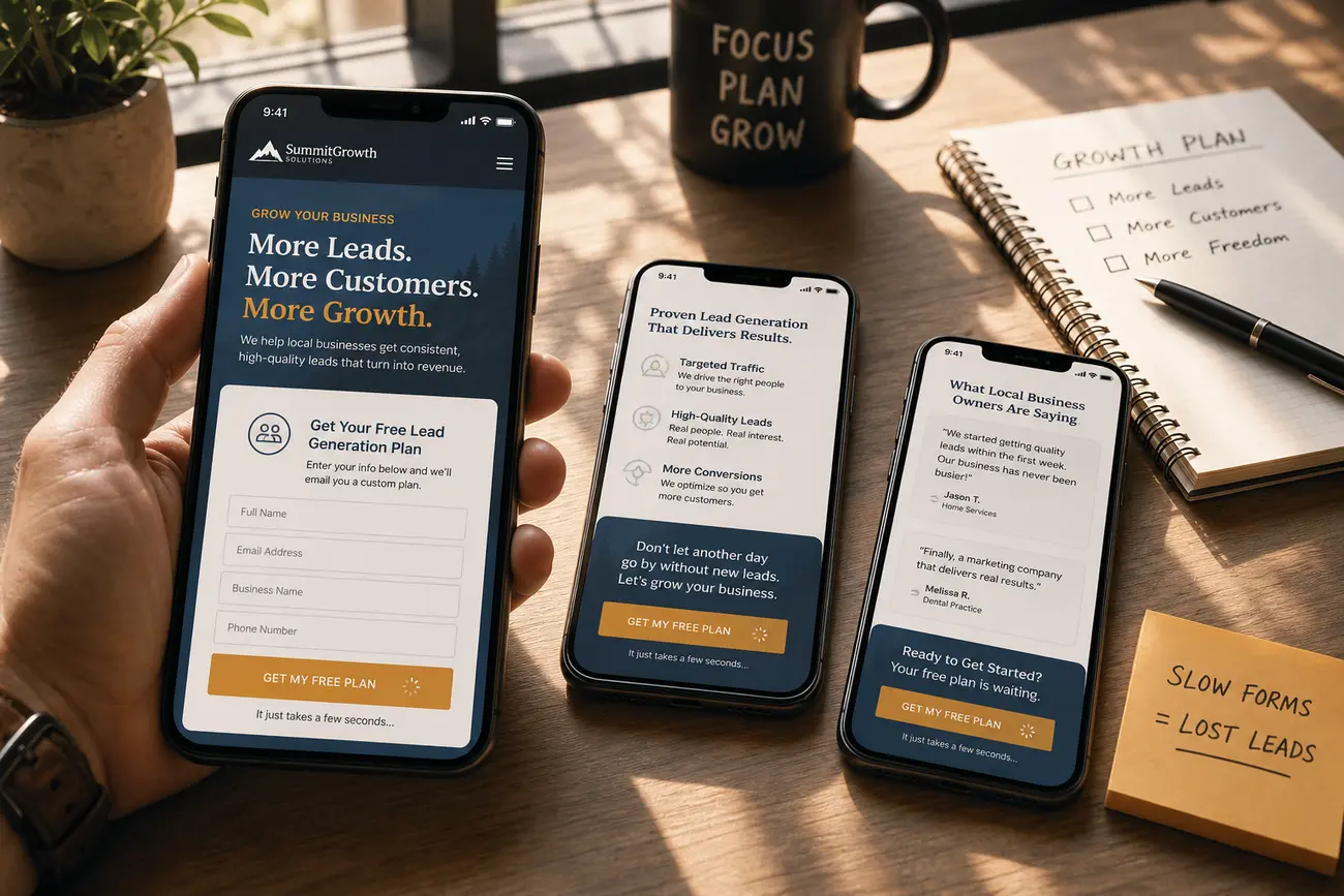 Marketer reviewing a lead generation website on a smartphone