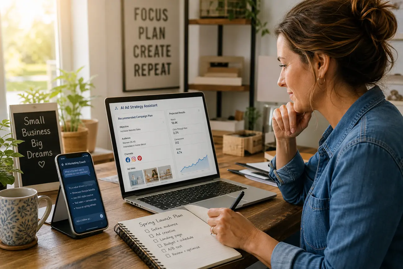 Entrepreneur analysant une campagne de publicité Meta sur un ordinateur avec des outils d’IA