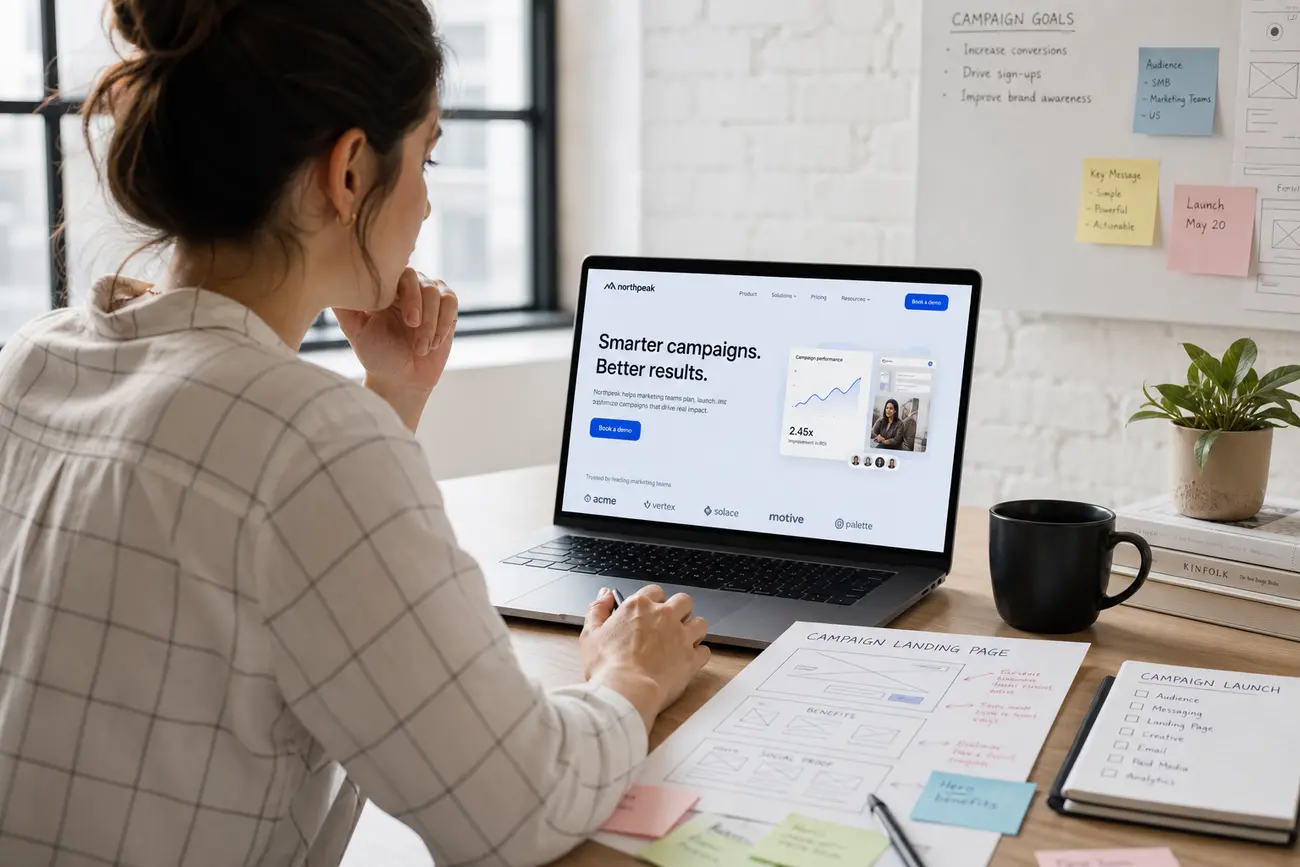 Marketer reviewing a landing page wireframe and lead capture form on a laptop
