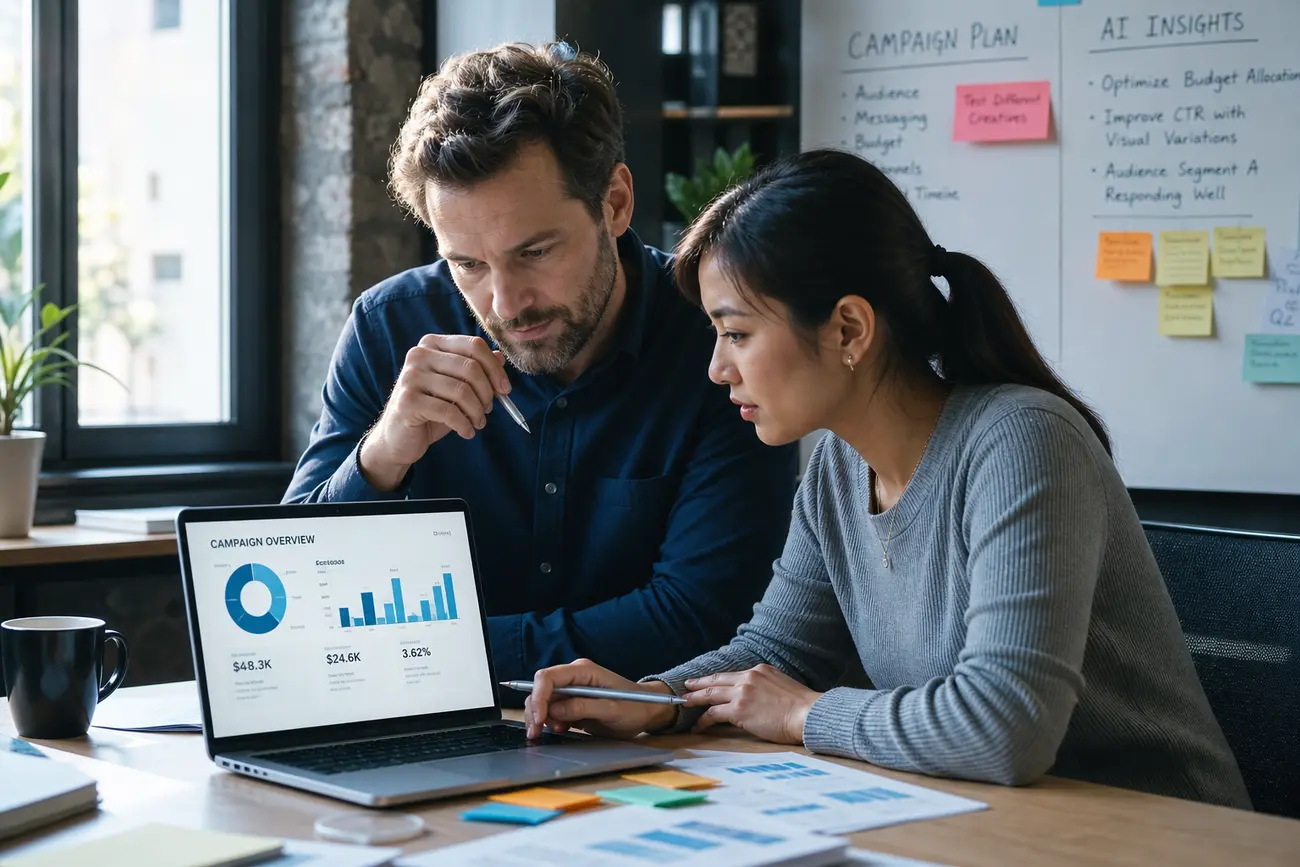 Business owner reviewing Google Ads performance charts on a laptop with AI insights on screen