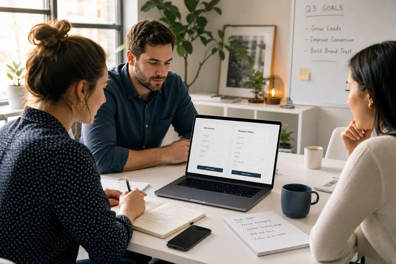 Entrepreneur analysant une landing page et des formulaires de contact sur un ordinateur portable