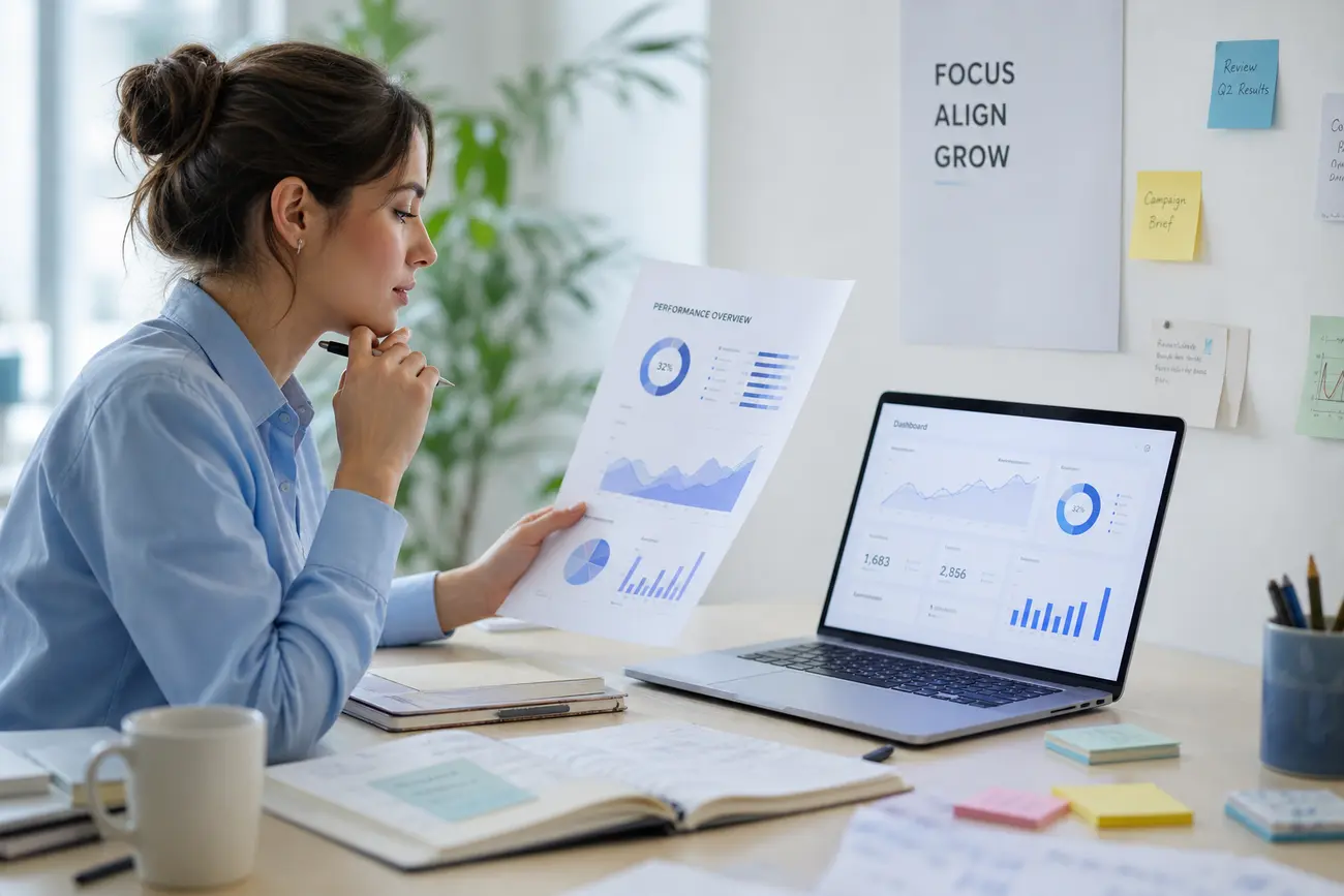 Marketer reviewing landing page conversion analytics on a laptop