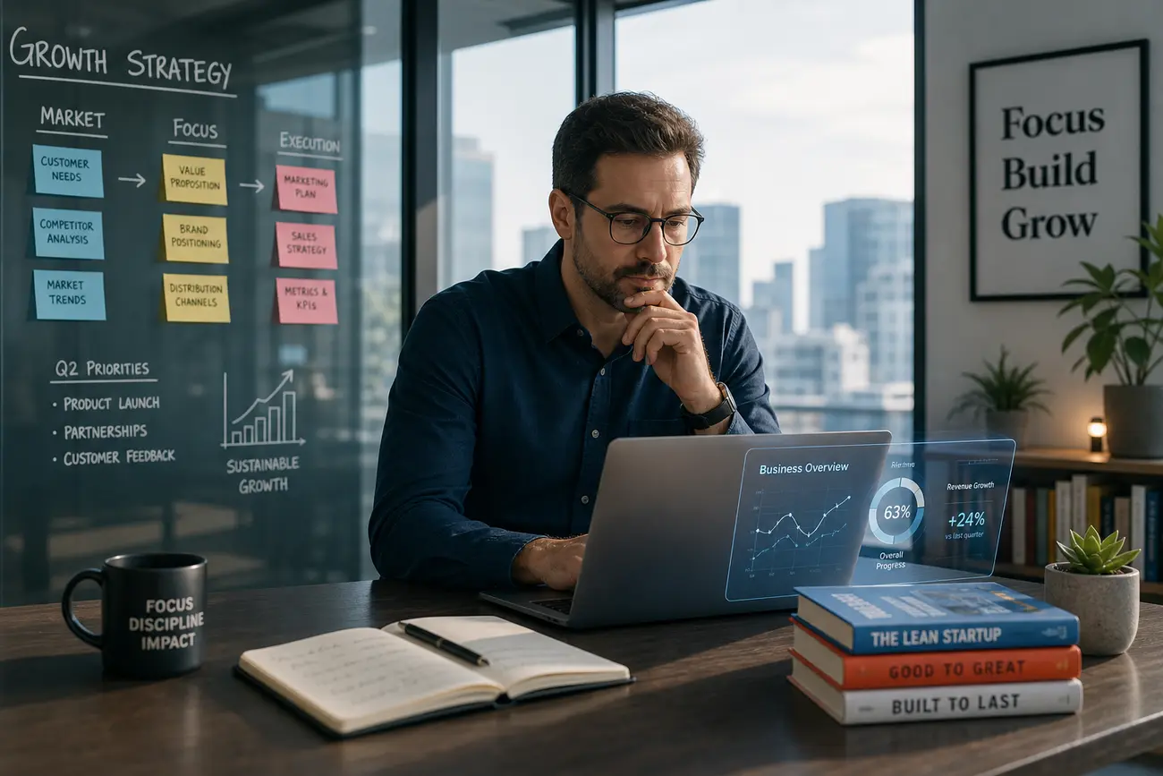 Business owner reviewing AI search results and ChatGPT visibility on a laptop