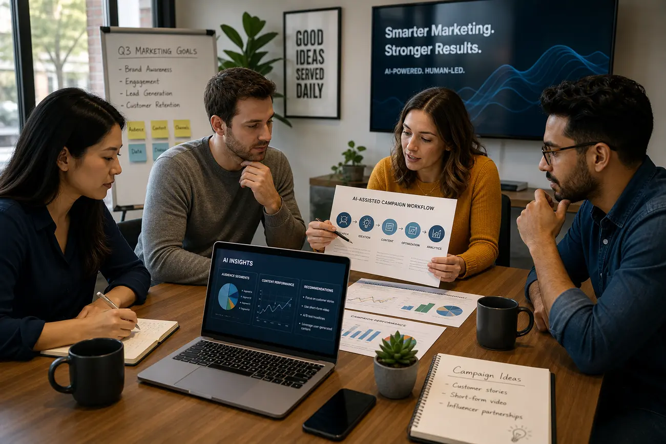 Small business owner reviewing Google Ads campaign performance on a laptop with AI insights dashboard