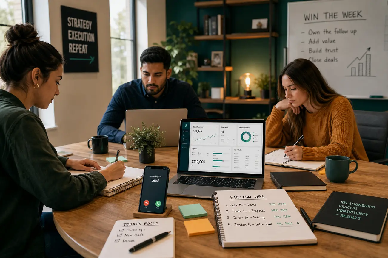 Business owner managing WhatsApp lead conversations on a laptop and phone