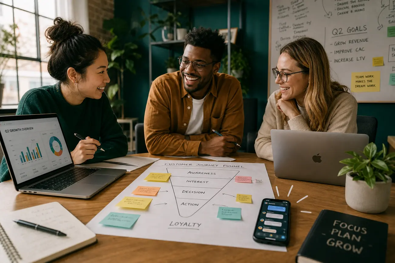 Marketer reviewing campaign analytics beside a WhatsApp chat window on a laptop