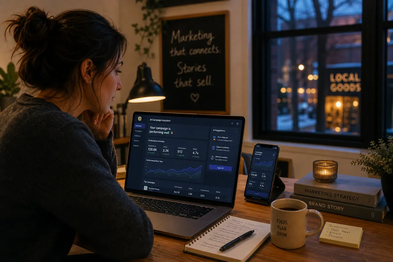 Small-business owner reviewing Facebook and Instagram ad campaign results on a laptop with AI planning notes