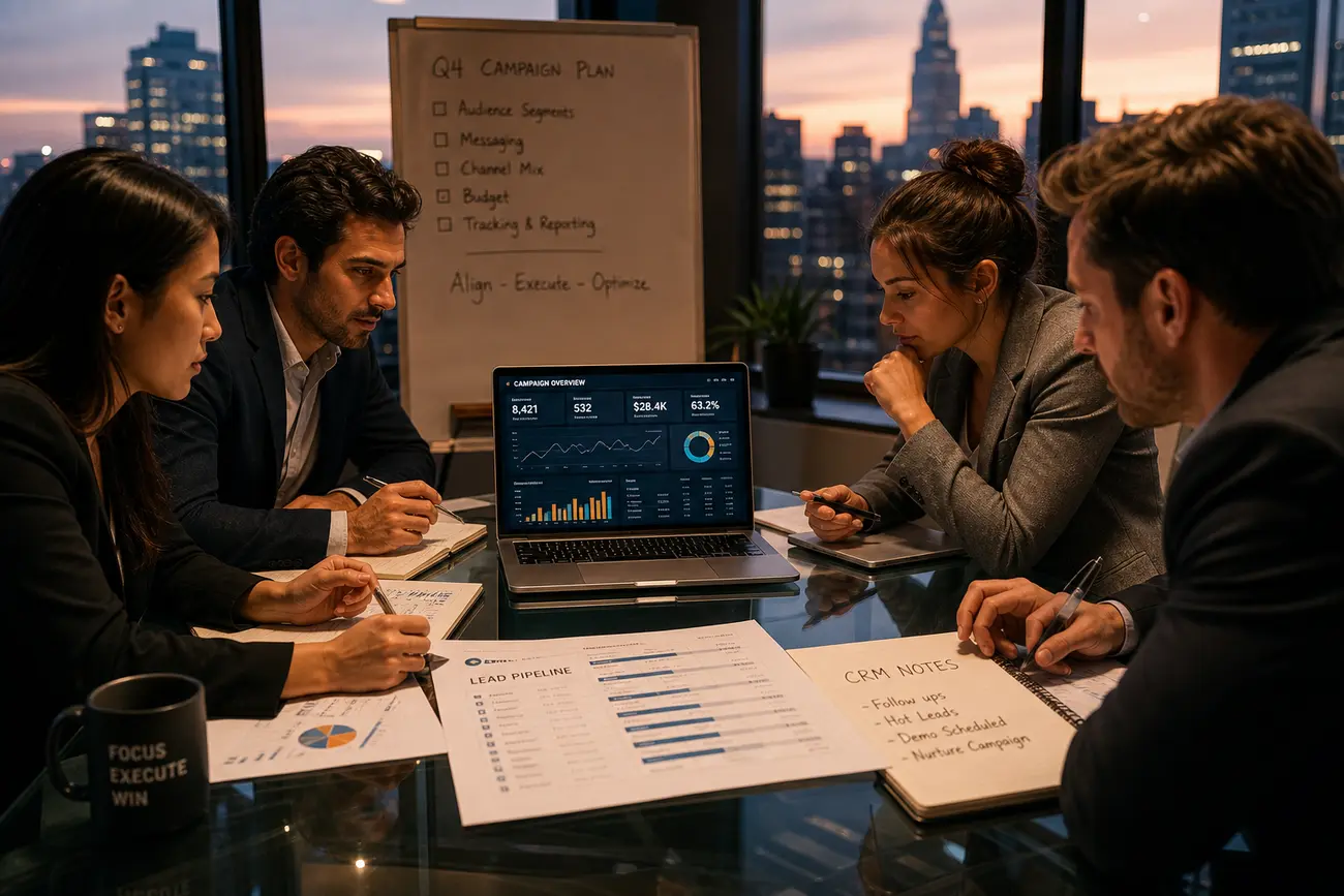 Marketing team reviewing lead quality metrics on a campaign dashboard