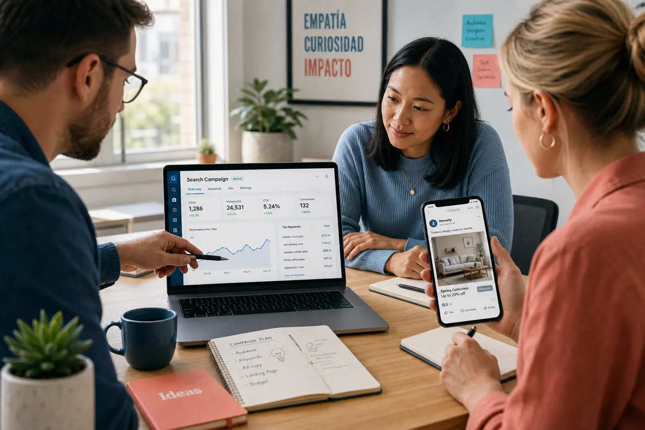 Photo d’un responsable marketing comparant des campagnes Google Ads et Meta Ads sur un ordinateur
