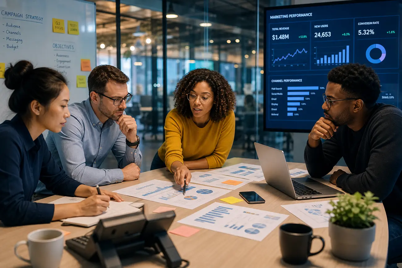 Marketing team reviewing CRM revenue reports linked to Google Ads and Meta Ads campaigns