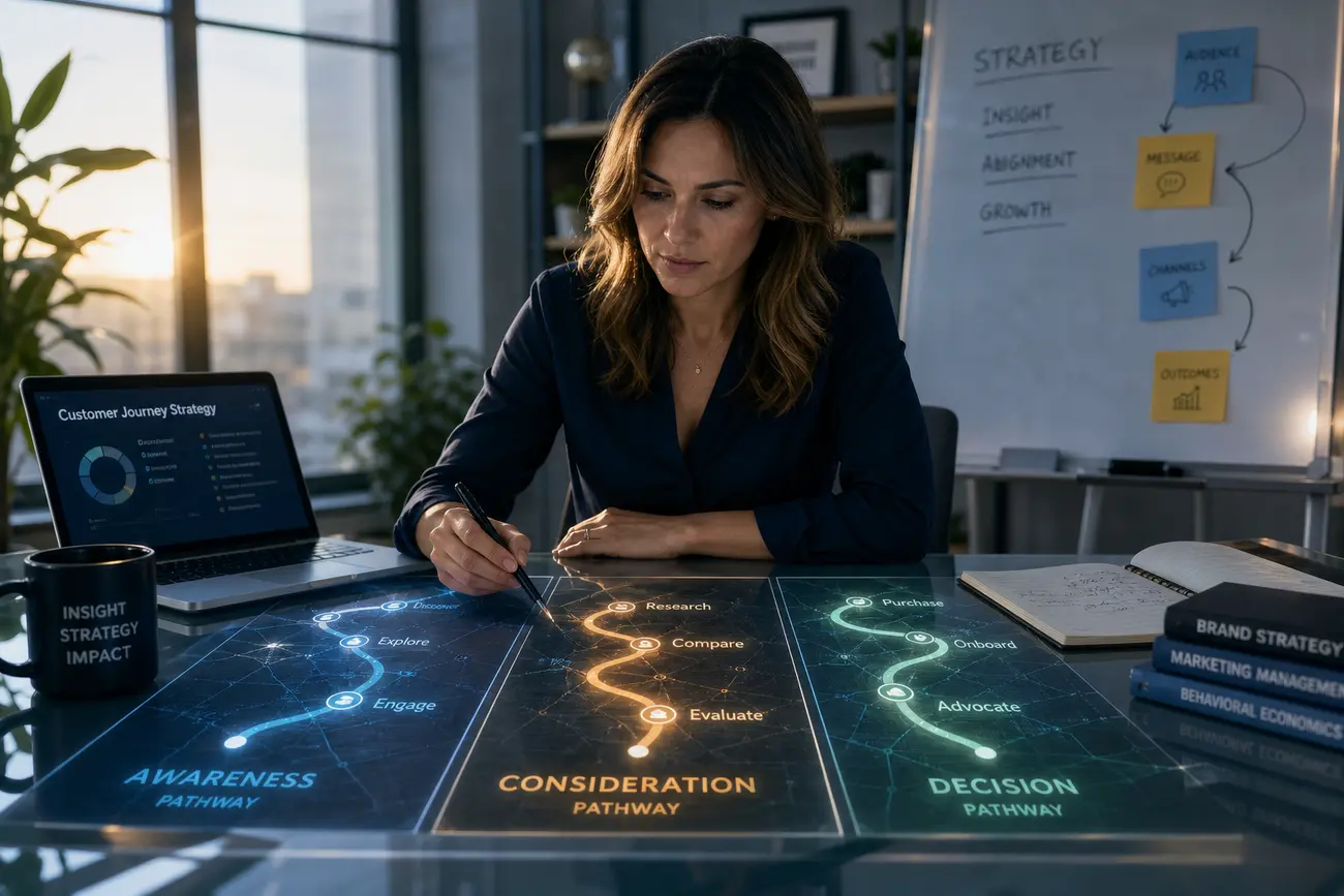 Marketing strategist reviewing SEO, GEO, and AEO performance dashboards on a laptop