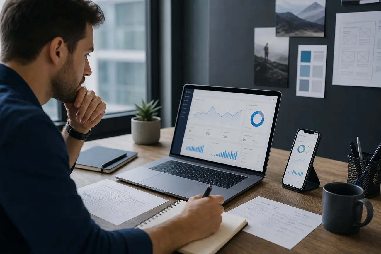 Marketer reviewing landing page performance metrics on a laptop