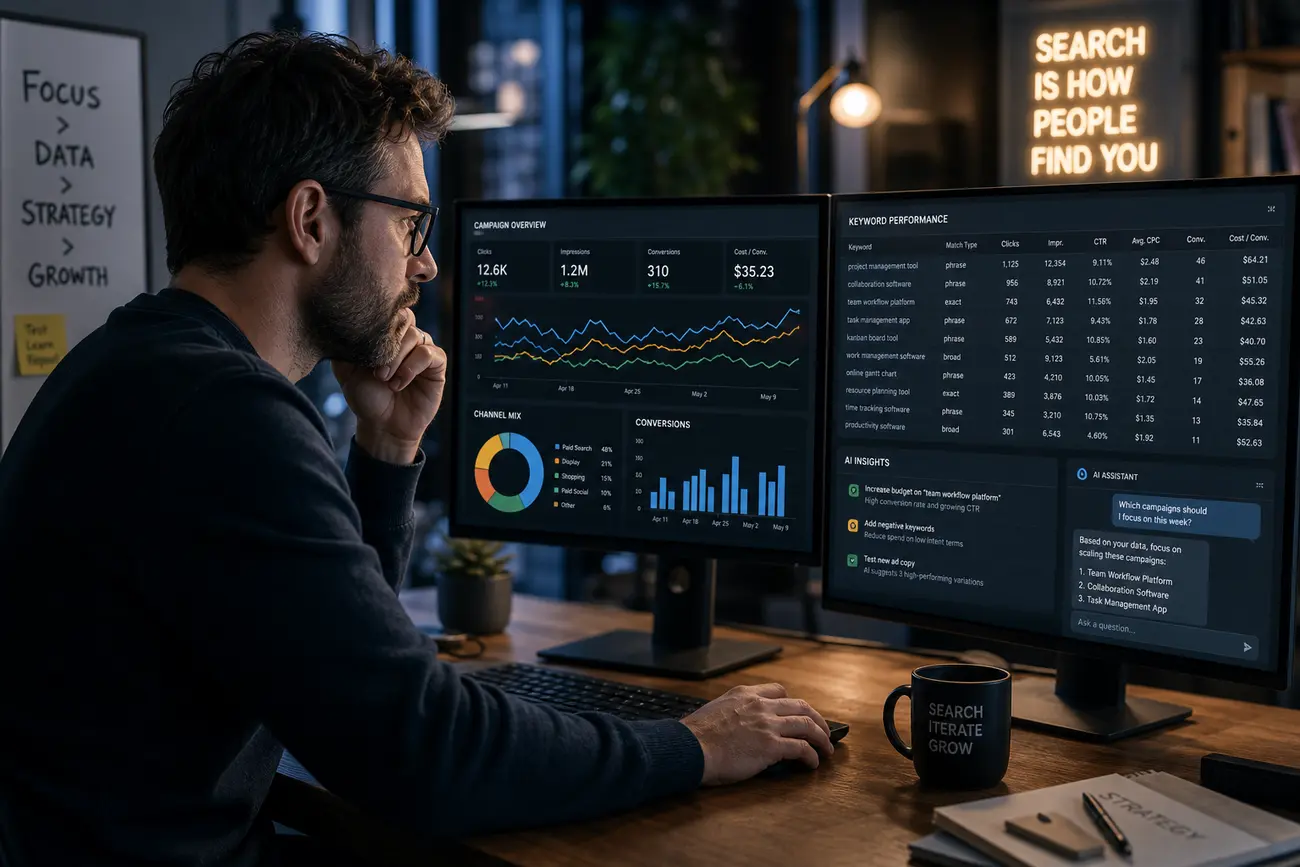 Marketer reviewing Google Ads performance dashboards with an AI assistant on a laptop