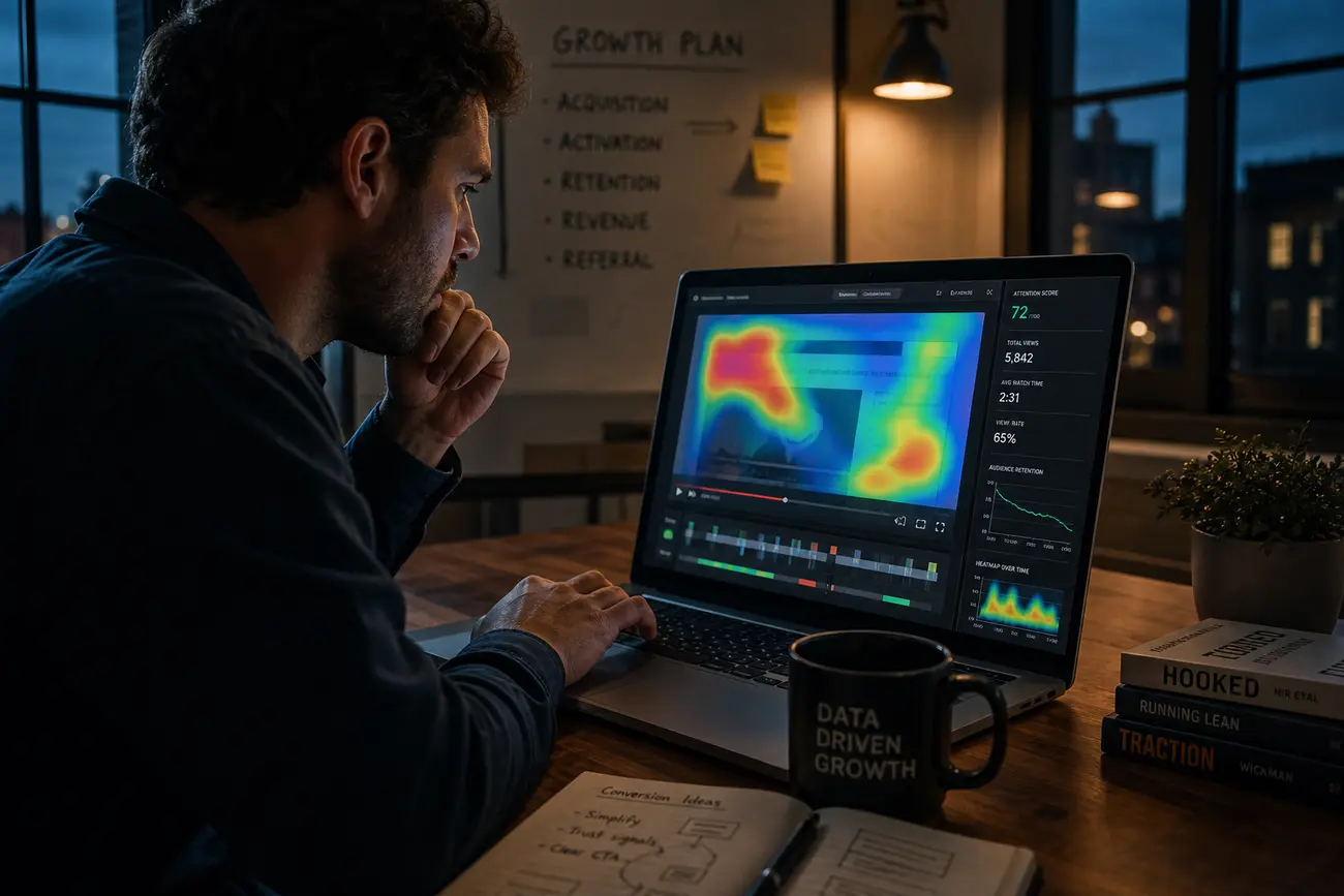 Marketer reviewing website heatmap and session recording data on a laptop