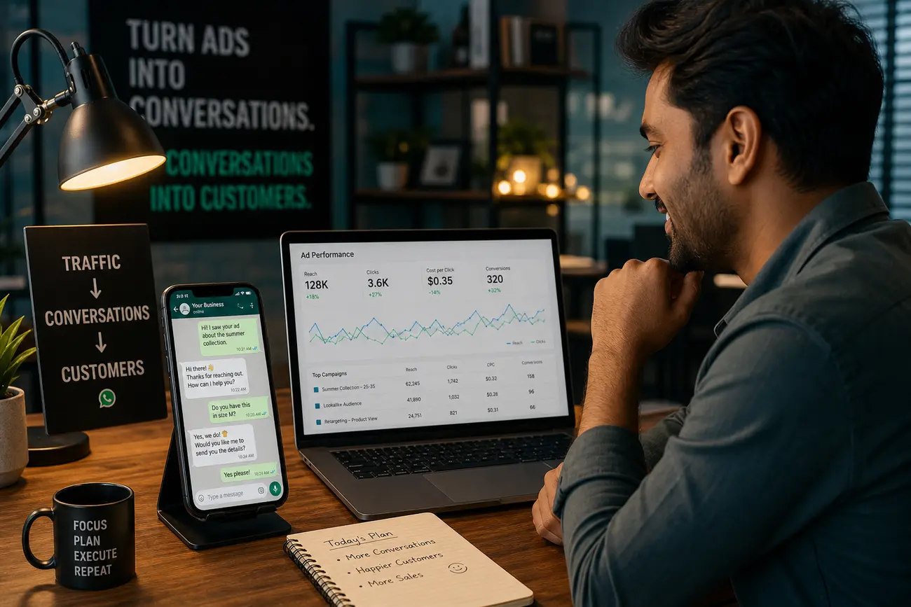 Marketer reviewing ad campaign results and WhatsApp lead messages on a laptop