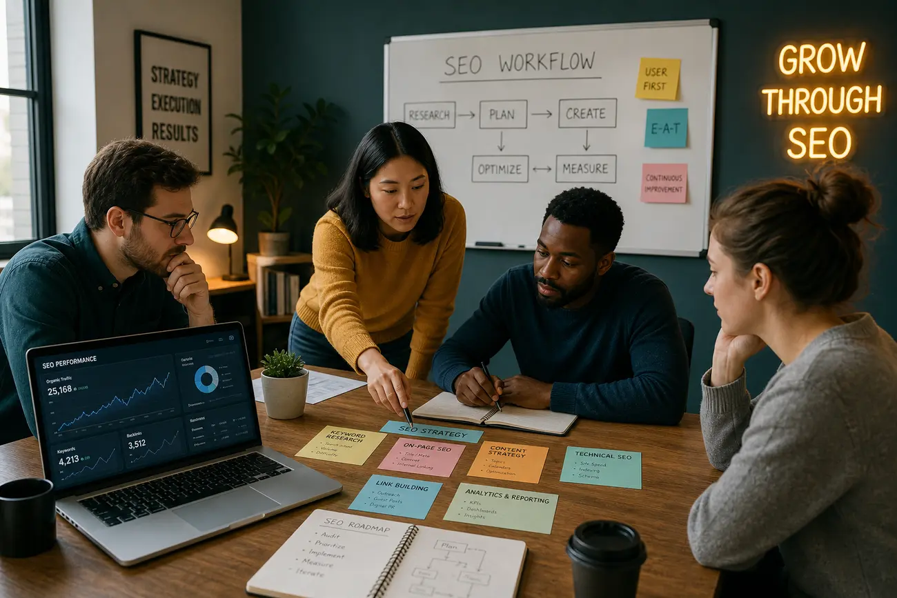 Business team reviewing SEO dashboards on a laptop in a modern office