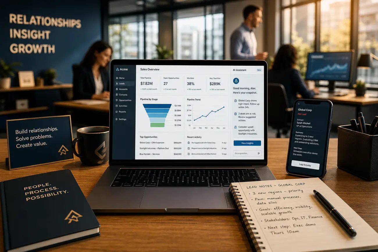 Sales team reviewing AI-qualified leads on a CRM dashboard in a modern office