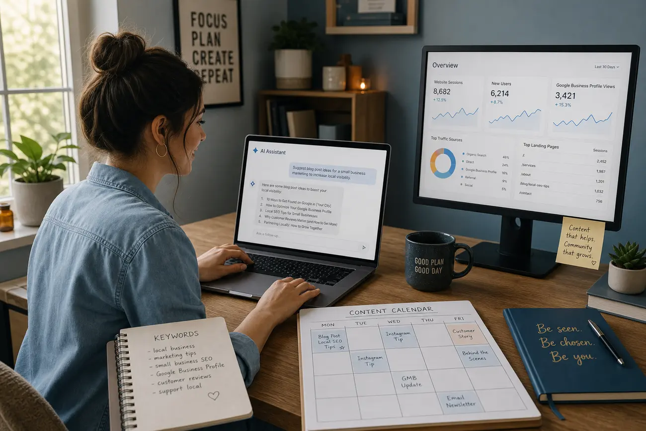 Entrepreneure analysant le référencement de son site avec des outils SEO gratuits sur un ordinateur portable