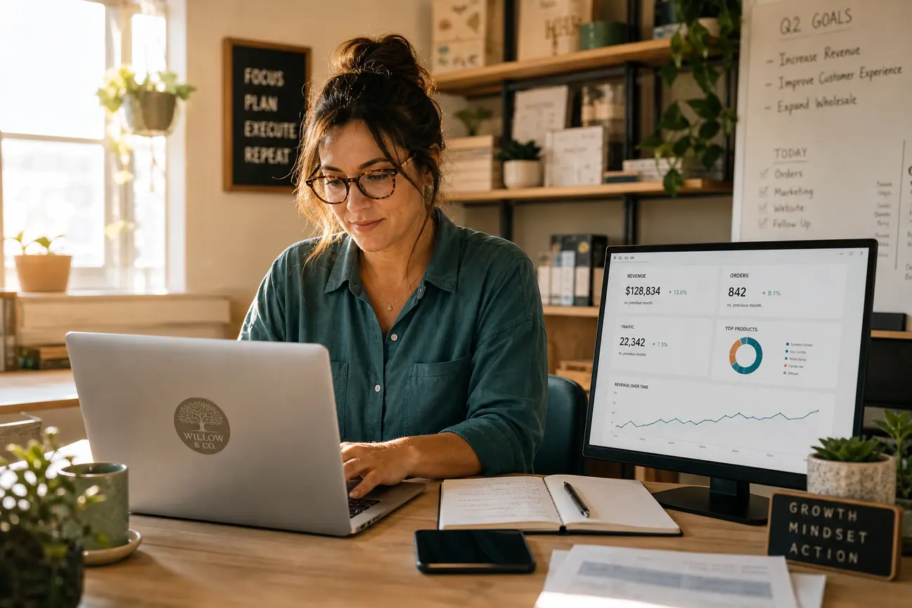 Small business owner reviewing Facebook and Instagram ad performance on a laptop