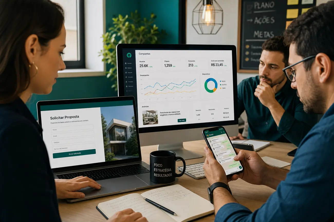 Business owner reviewing connected ad campaigns, website leads, WhatsApp messages, and CRM dashboard on a laptop