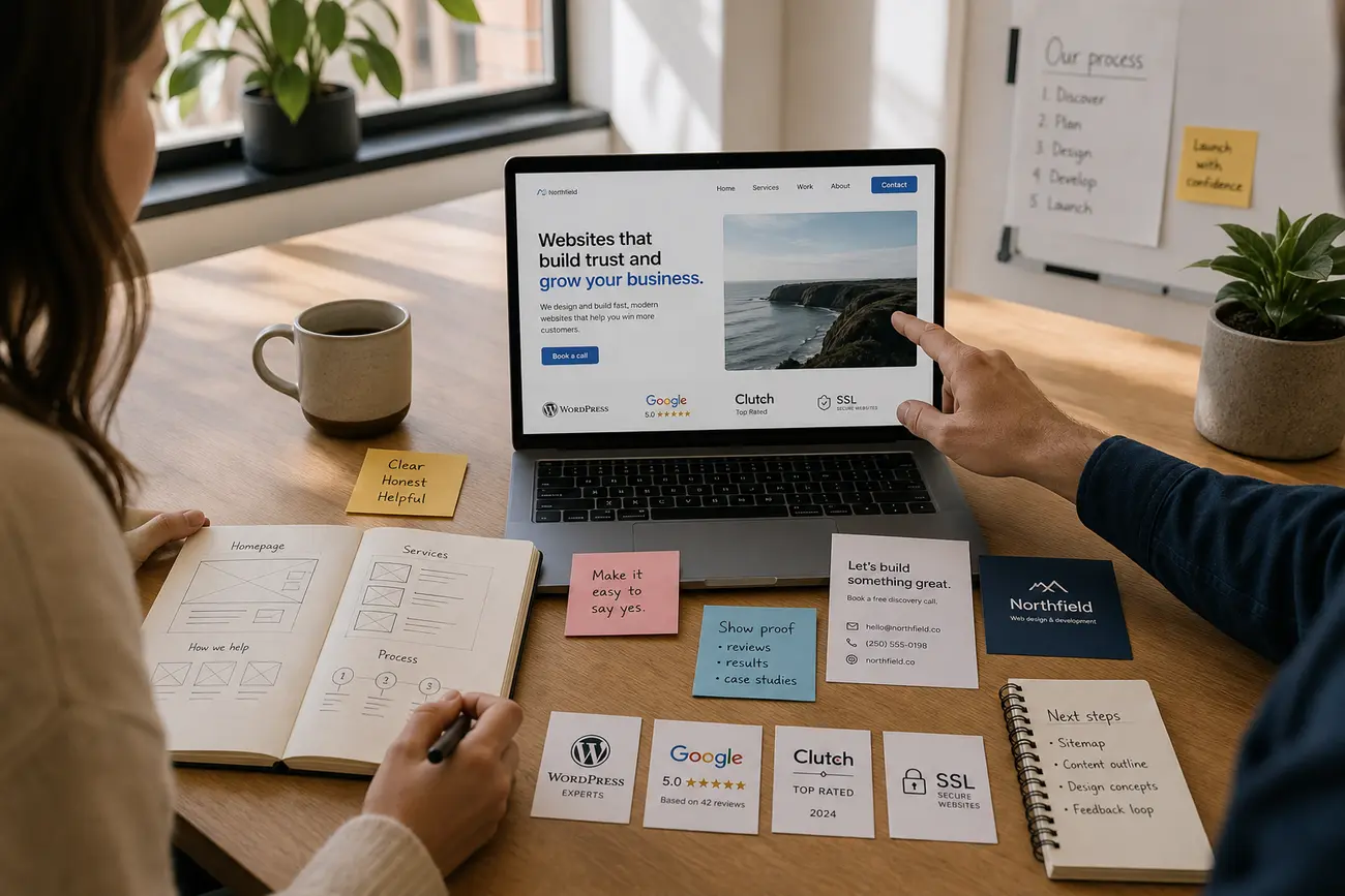 Small business owner reviewing a service website lead form on a laptop