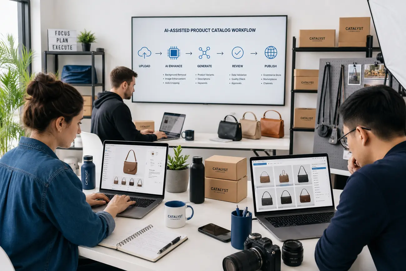 Gestionnaire e-commerce utilisant un tableau de bord d’IA pour importer des fiches produits dans une boutique en ligne