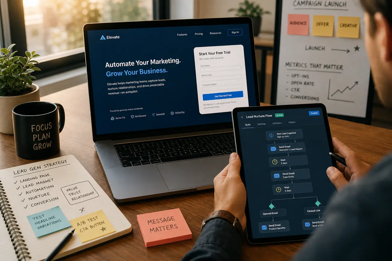 Photo d’un marketeur analysant un tunnel de conversion et un lead magnet sur ordinateur