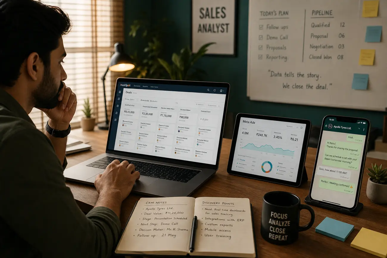 Marketing analyst reviewing campaign lead quality dashboards with AI insights and CRM revenue data
