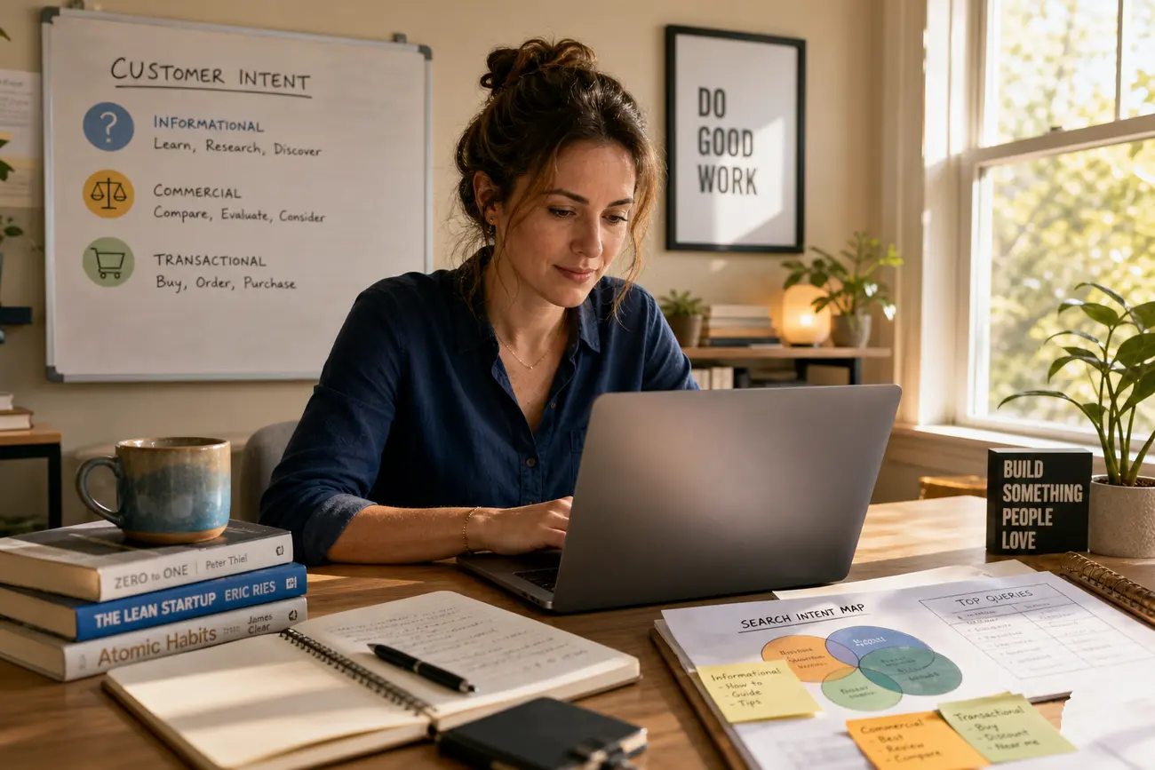 Entrepreneur analysant une liste de mots-clés SEO sur un ordinateur portable
