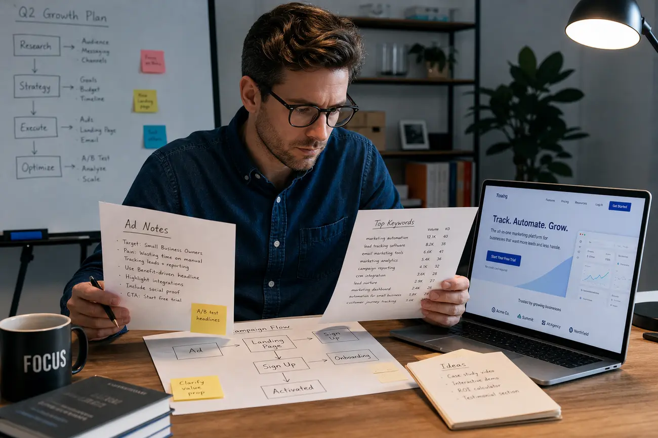 Photographie d’un spécialiste marketing analysant une landing page et des annonces Google Ads sur un ordinateur