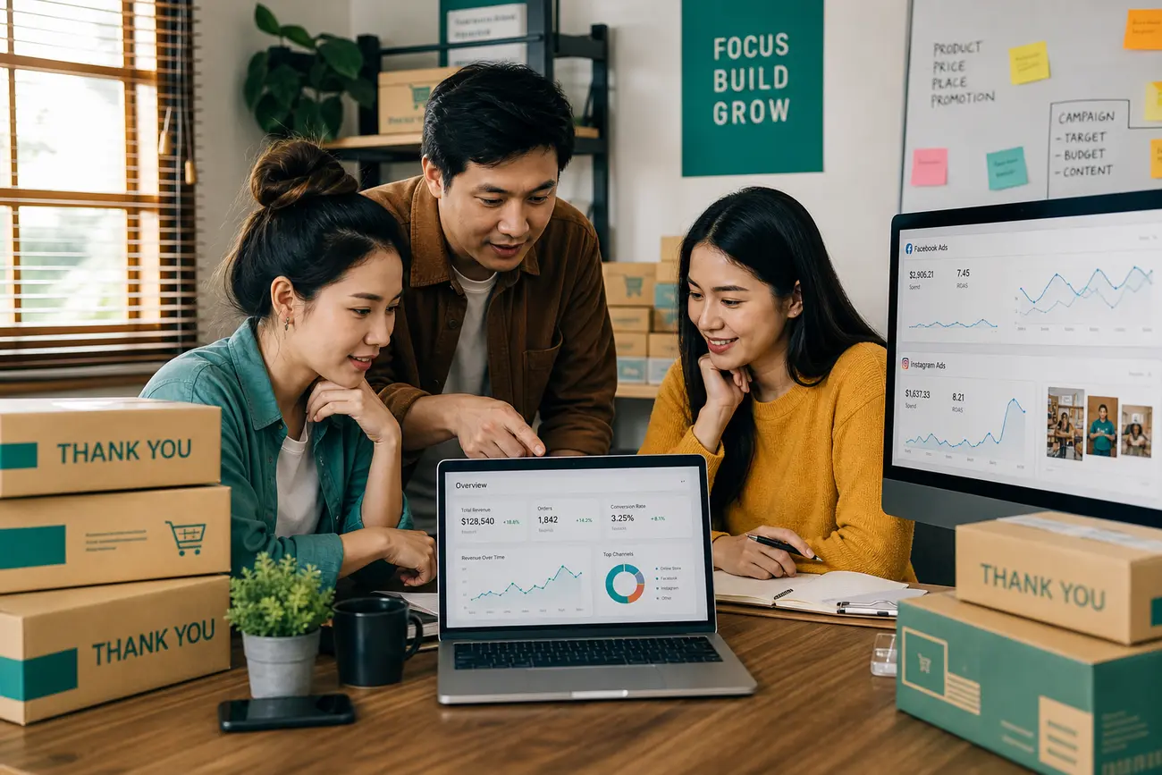 Marketer reviewing ecommerce sales dashboard and ad campaign performance