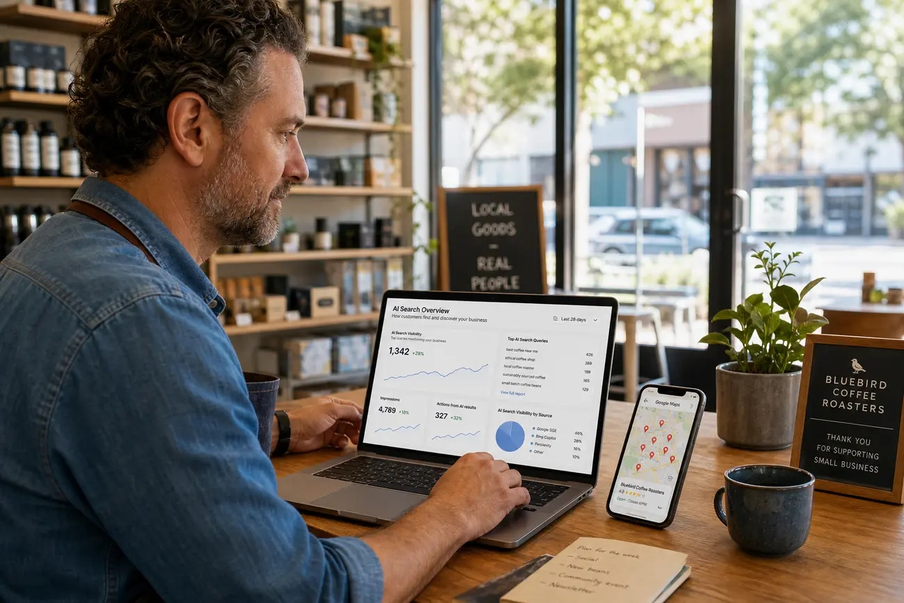 Entrepreneuse analysant la visibilité Google de son entreprise avec des outils d’intelligence artificielle