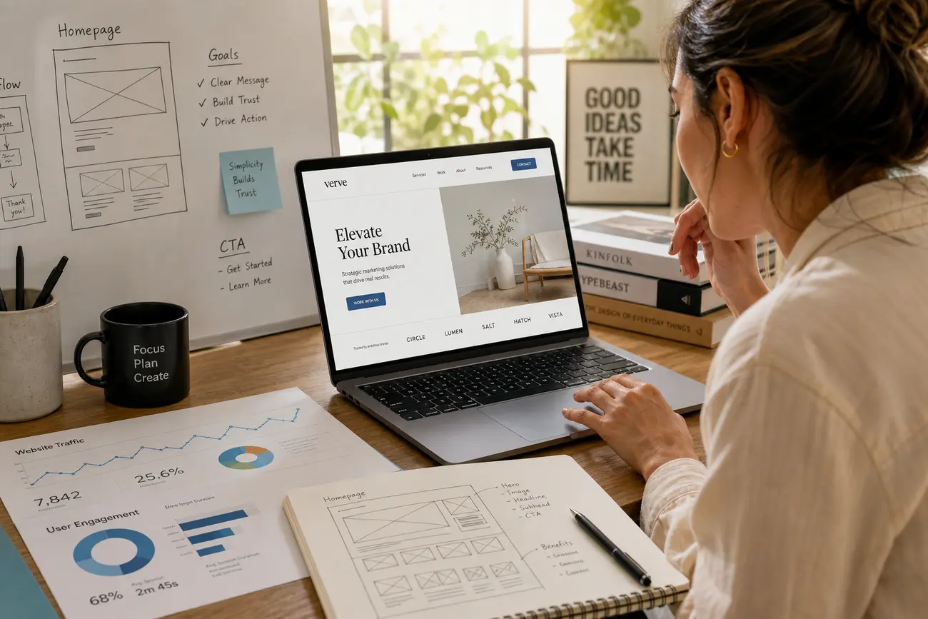 Marketing team reviewing a high converting landing page on a laptop