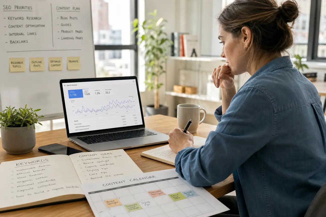 Marketer planning SEO driven content on a laptop with Google search data and content notes