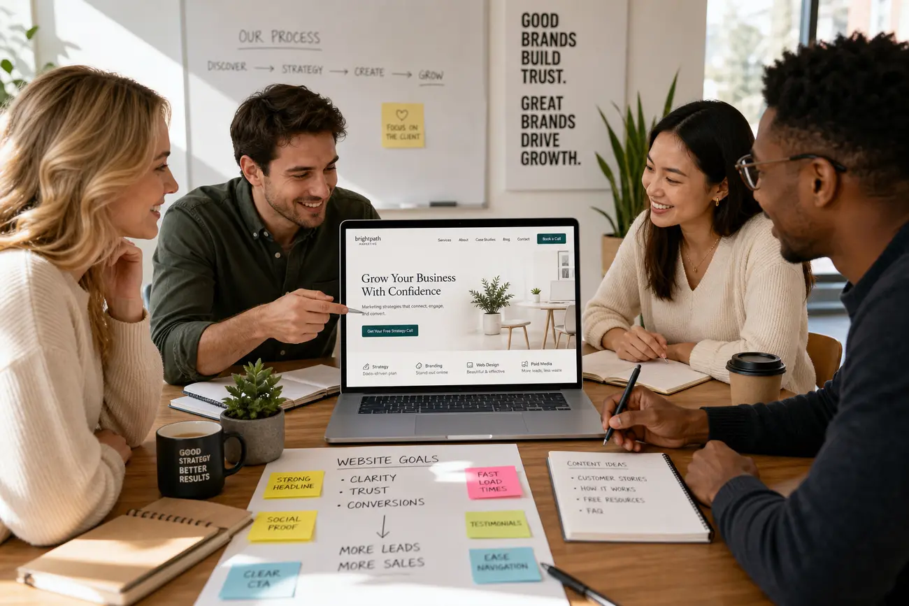 Marketing team reviewing an above-the-fold website layout on a laptop