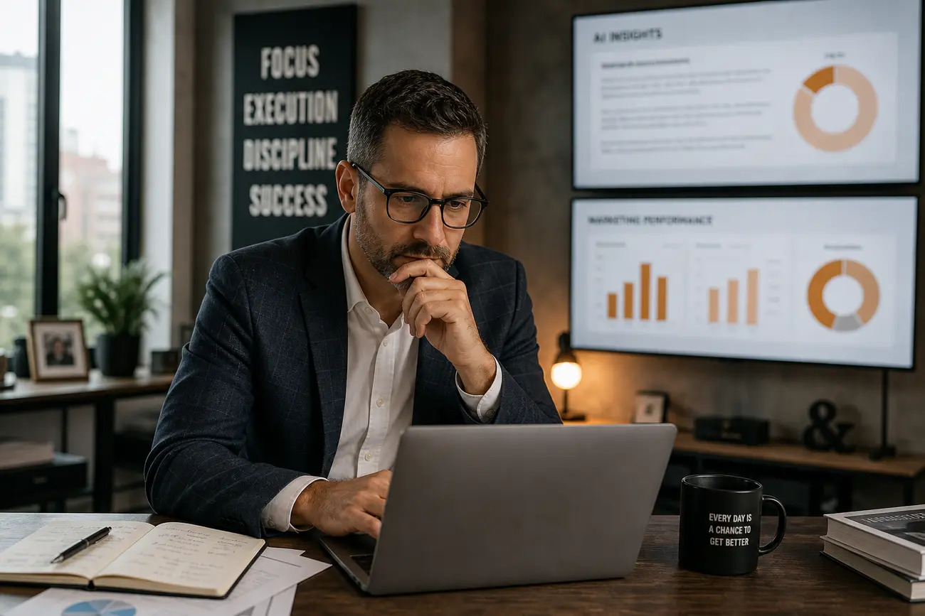 Business owner reviewing AI search results about their company on a laptop