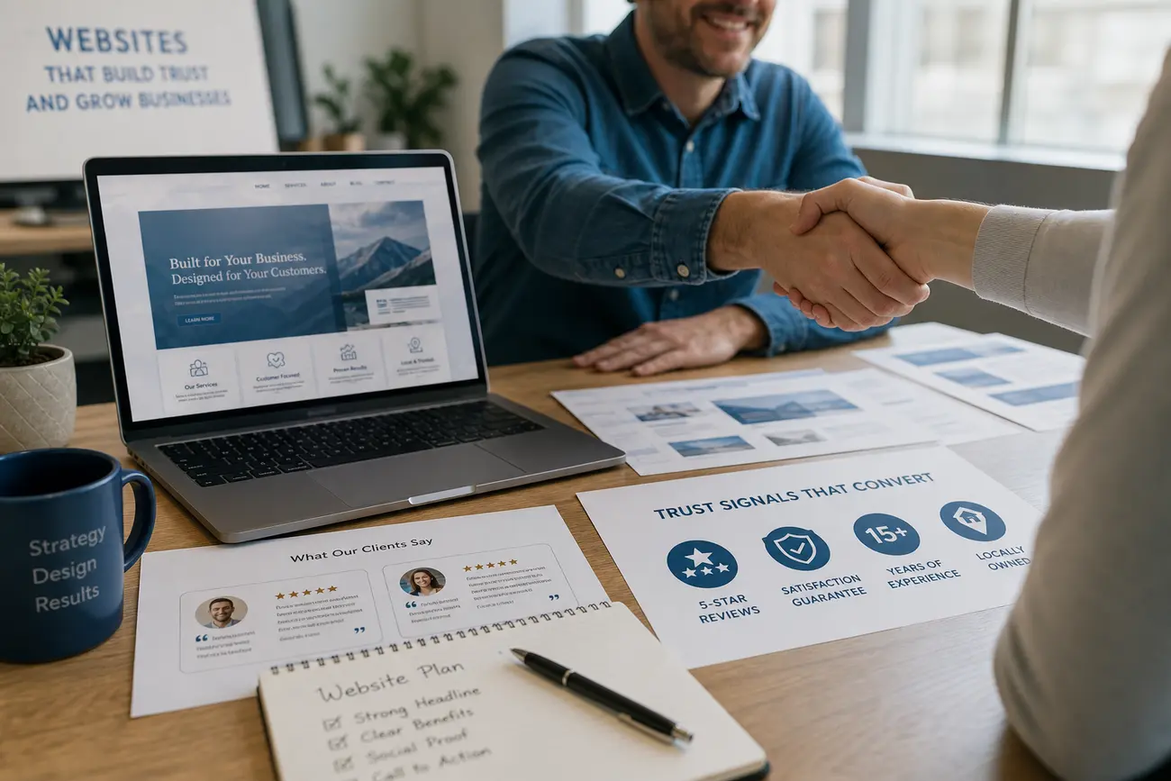 Business owner reviewing trust signals on a professional website with enquiry form and customer reviews